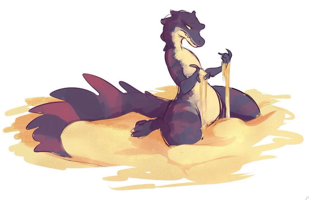 an anthropomorphic alligator sitting in sand sifting it through their hands looking forlorn