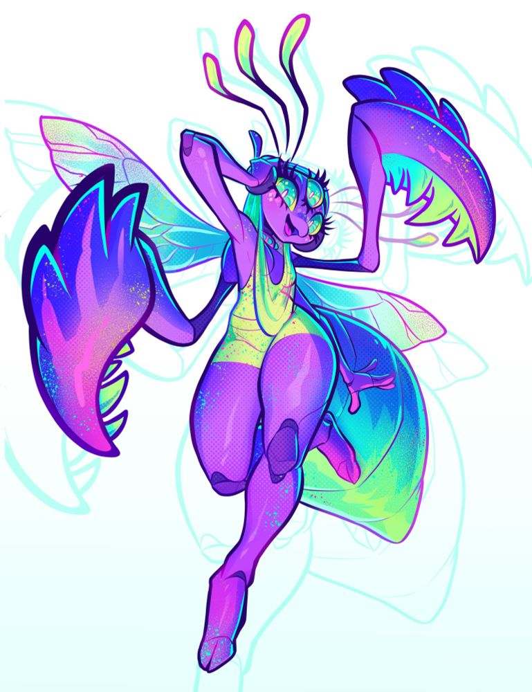 An anthropomorphic firefly character in an active pose, she is purple with three green and blue eyes, , bright green antennae, green and blue wings, and has a bright green insect abdomen-like "tail," she also has two extra limbs resembling praying mantis forelimbs coming down towards the viewer