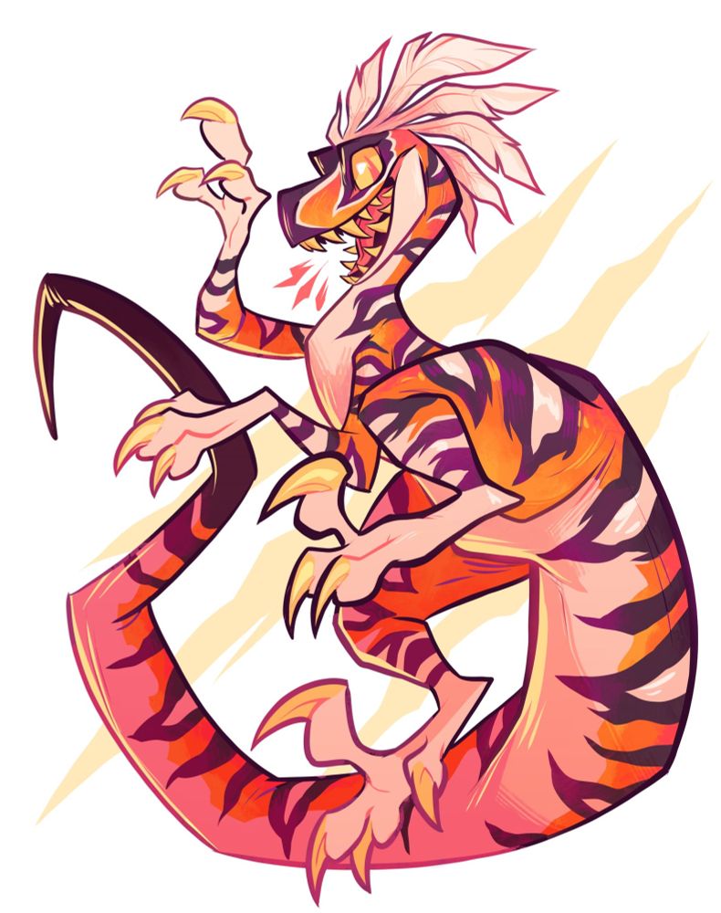 Illustration of Talon from the video game Primal Rage, he is a Velociraptor with orange, black and white tiger-like markings and a crest of white head feathers, he is jumping excitedly with his mouth open showing off his teeth