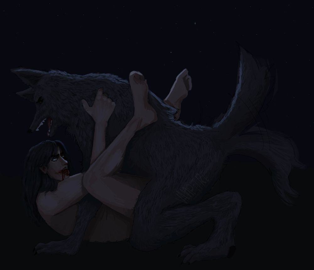 A nsfw drawing of fem!jayce and fem!viktor from arcane for yurijayvikweek day 4. Jayce is lying on her back on the ground, baring her bloody fangs, and Viktor is on top of her in a werewolf form, mounting her. words: vikjay, blood, vampire