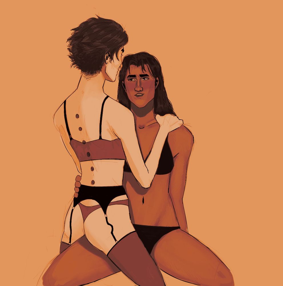 A drawing of fem!Jayce and fem!Viktor. Jayce is in bra and underwear. Viktor is climbing into her lap in a lingerie set.