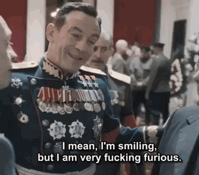 Jason Isaacs as Field Marshal Zhukov in Death of Stalin, saying “I mean, I’m smiling, but I am very fucking furious”