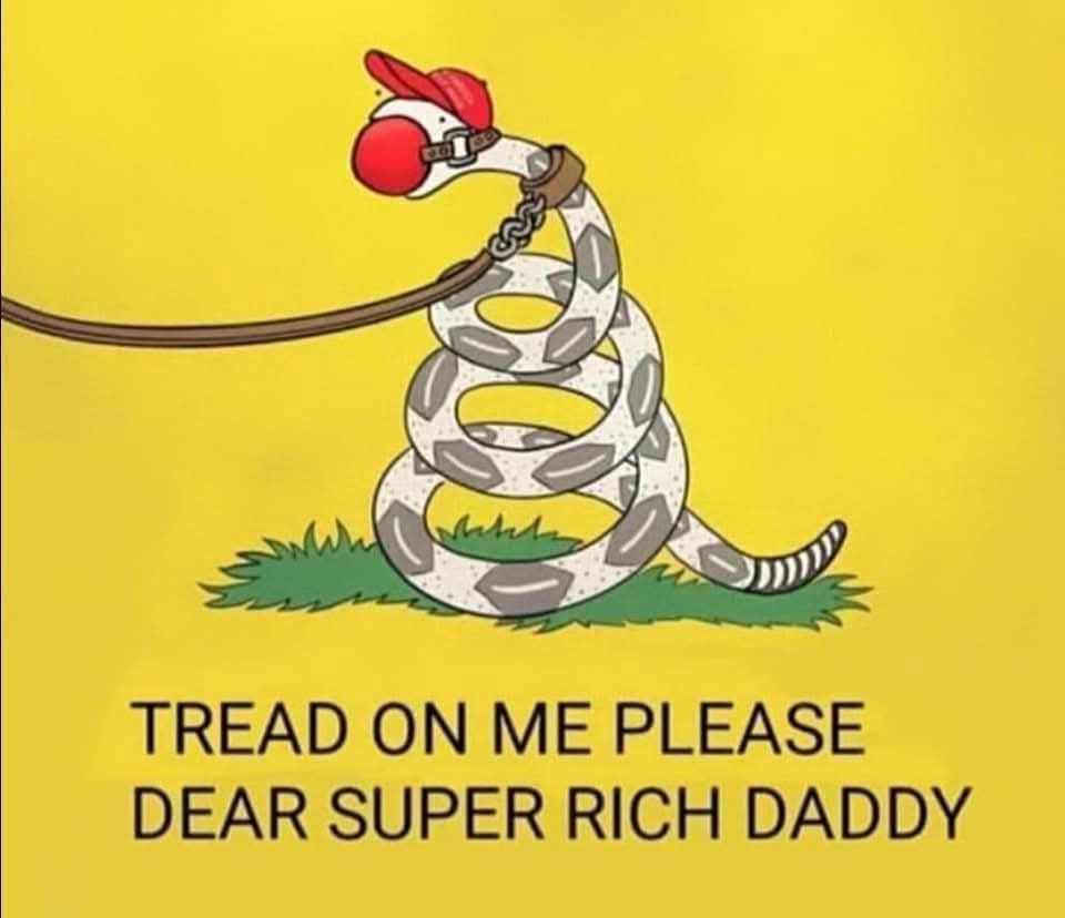Gadsden flag snake wearing red hat (presumably MAGA), with a gag, on a leash. Sign underneath says "tread on me please dear super rich daddy".