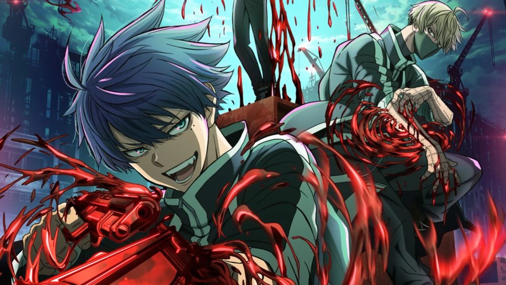 Official art for Tougen Anki: Dark Demon of Paradise, featuring Shiki Ichinose with blue hair, blood splatter, and a weapon, with a masked figure looming behind.