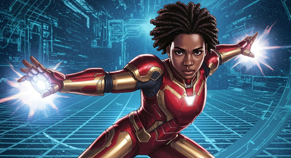 Ironheart (Riri Williams) in a powerful stance, firing energy blasts from her red and gold armored suit against a glowing futuristic blue digital background.