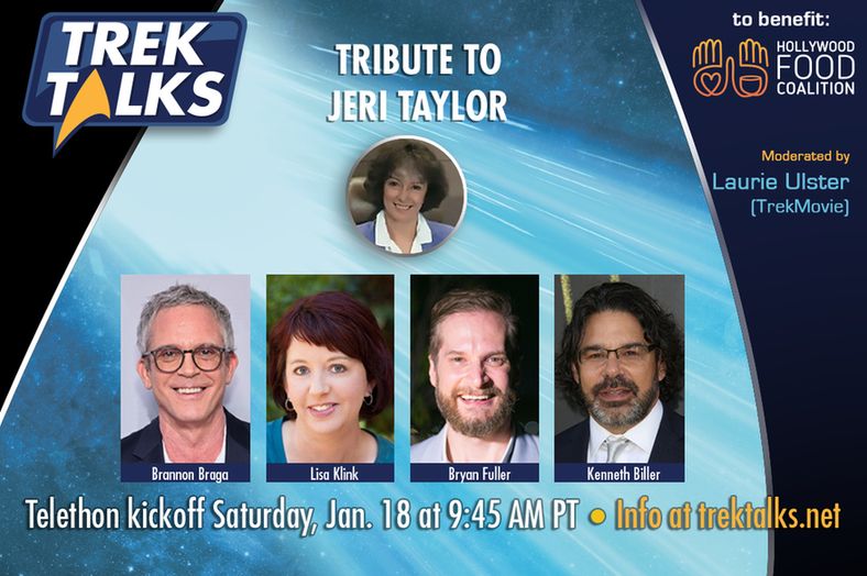 Image of the Jeri Taylor tribute panel for Trek Talks 4. At the top is a picture of Jeri Taylor. Beneath are images of Brannon Braga, Lisa Klink, Bryan Fuller, and Kenneth Biller. The panel is hosted by Laurie Ulster of TrekMovie.com. Trek Talks 4 will air Saturday January 18 at 9:45 am PT benefiting The Hollywood Food Coalition. More info at TrekTalks.net. 