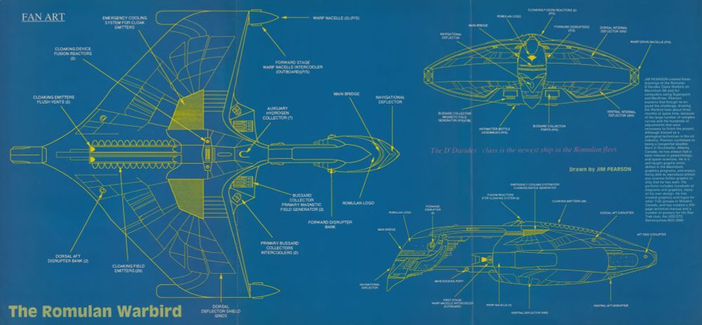 Annotated views of the Romulan Warbird from Star Trek The Next Generation. Drawn by Jim Pearson.