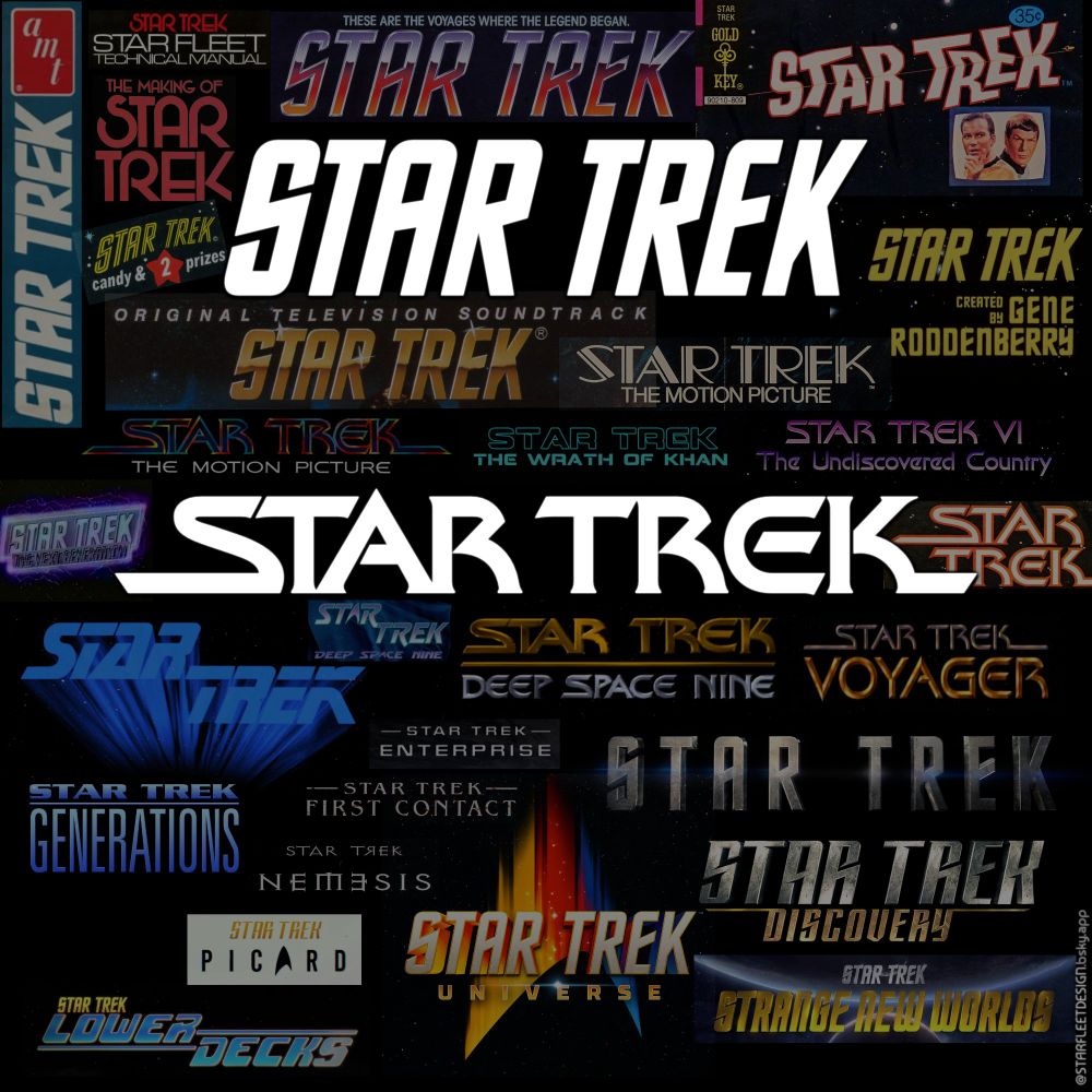 A montage of Star Trek logos used throughout the eras, both for the main series, films and for official merchandise. It is arranged roughly chronologically with the newer logos near the bottom. 