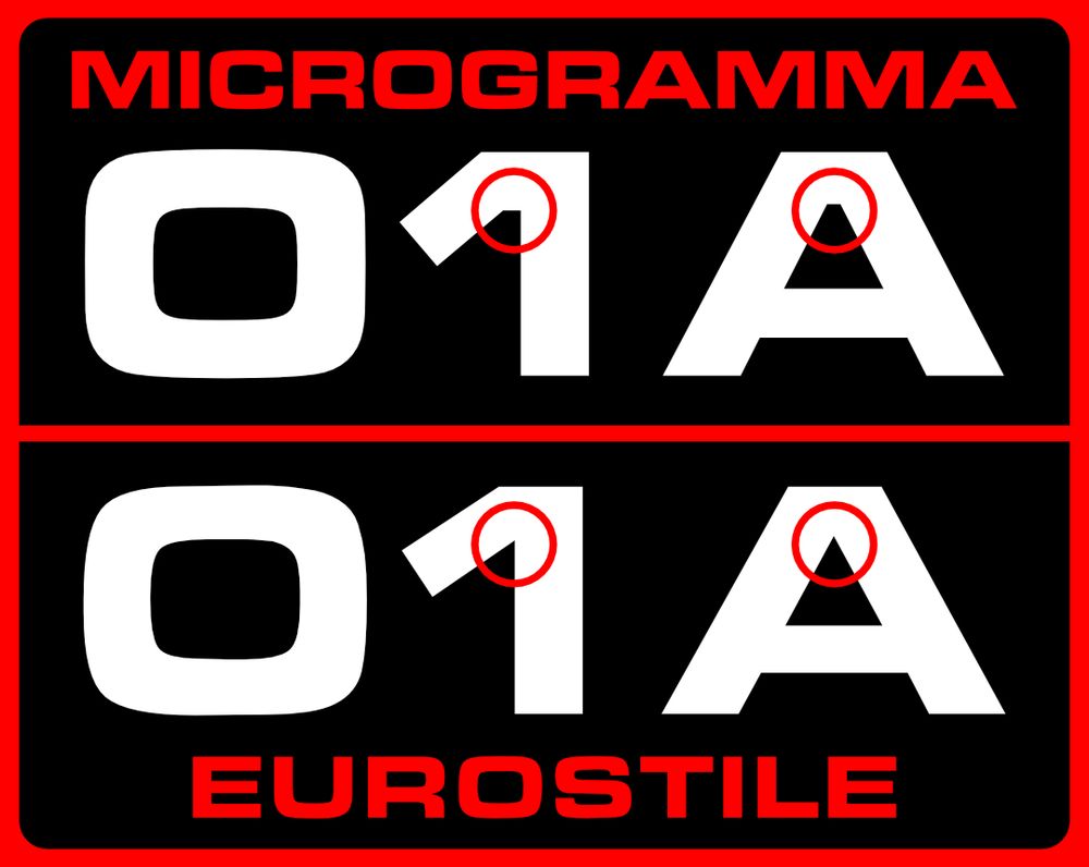 MICROGRAMMA interior corners are usually flattened whereas EUROSTILE interior corners come to a point. The more you know!