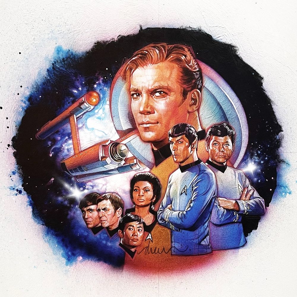 Kirk and crew in front of the USS Enterprise, a dynamic composition by Drew Struzan.