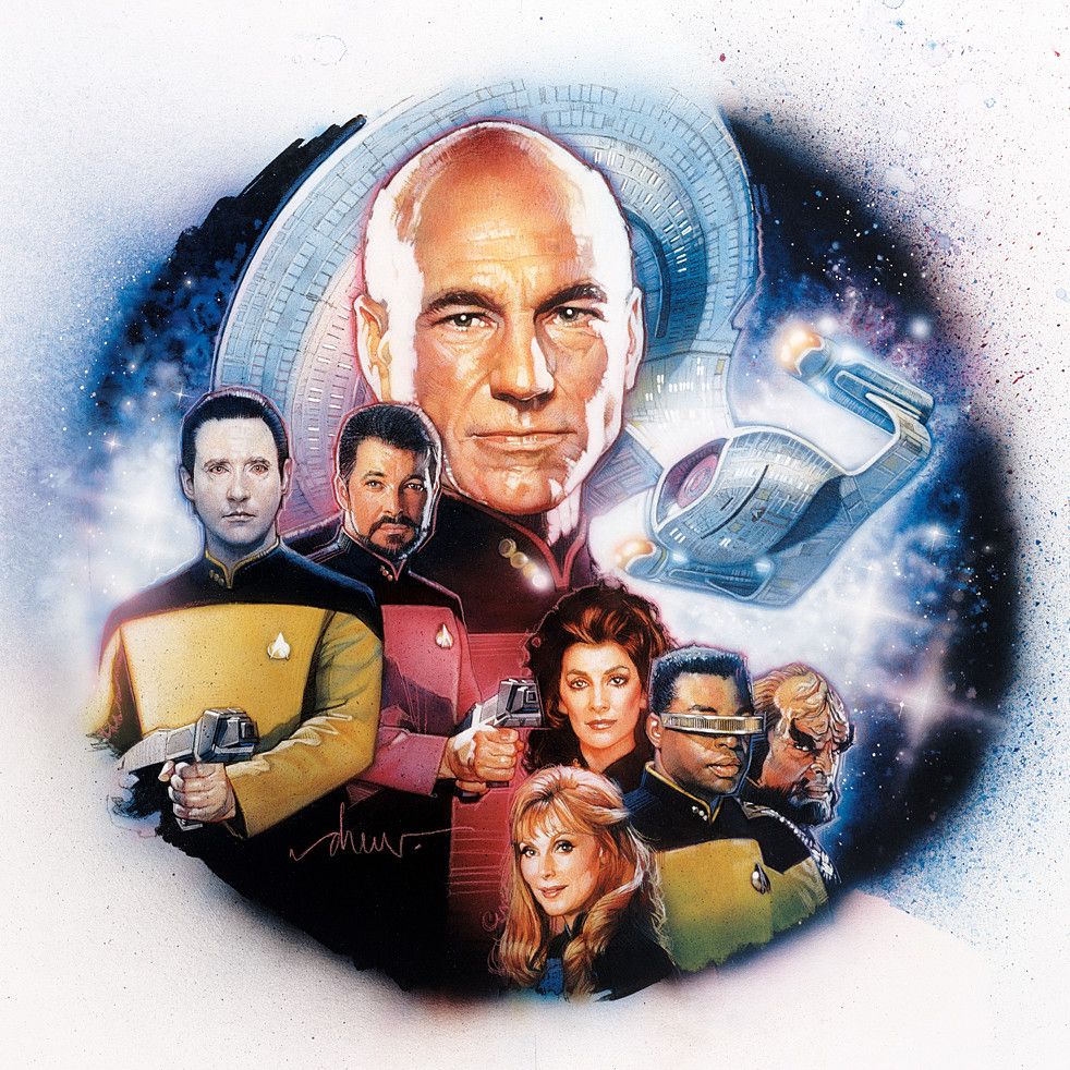 Picard and crew in front of the Enterprise-D, art by Drew Struzan.