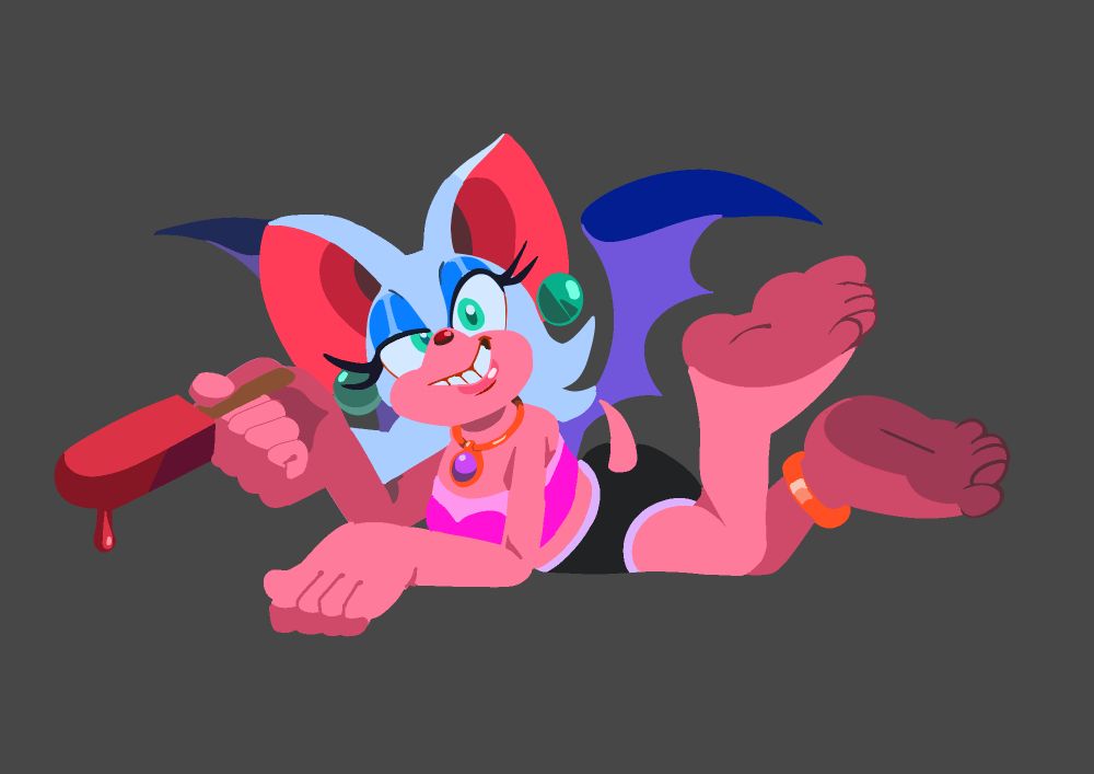 Summer-themed lineless illustration of Rouge the Bat in a two piece bathing suit holding a cherry freeze-pop while laying down. Rouge has a sassy smirk on her face. Her bathing suit consists of a pink bandeau top and a black bikini bottoms with teal pearl earrings. 
