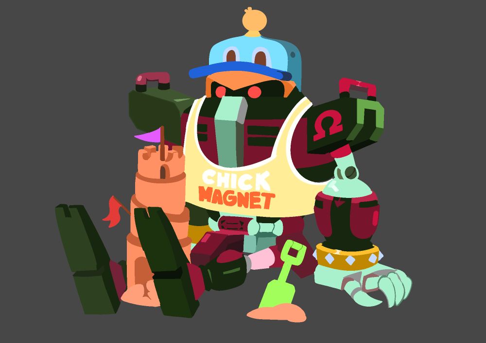 Summer-themed lineless illustration of E-123 Omega sitting down with the sand castle tower he has made. Omega's outfit consists of a yellow tank top with the words "Chick Magnet" on the front and a chao shaped snapback hat. Next to him on the ground is a green sand shovel.