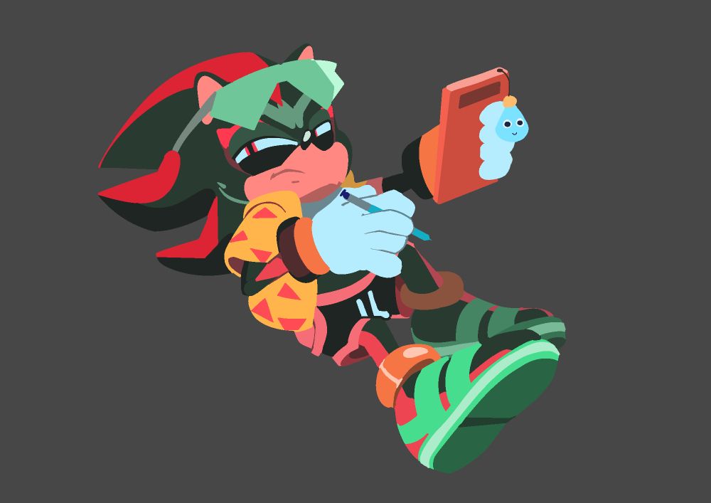 Summer-themed lineless illustration of Shadow the Hedgehog sitting down with a disgruntled expression while holding a red smartphone and a blue stylus. Shadow's outfit consists of green emerald shaped sunglasses, a yellow button-down shirt with red triangles, black and red shorts and green sandals. 


