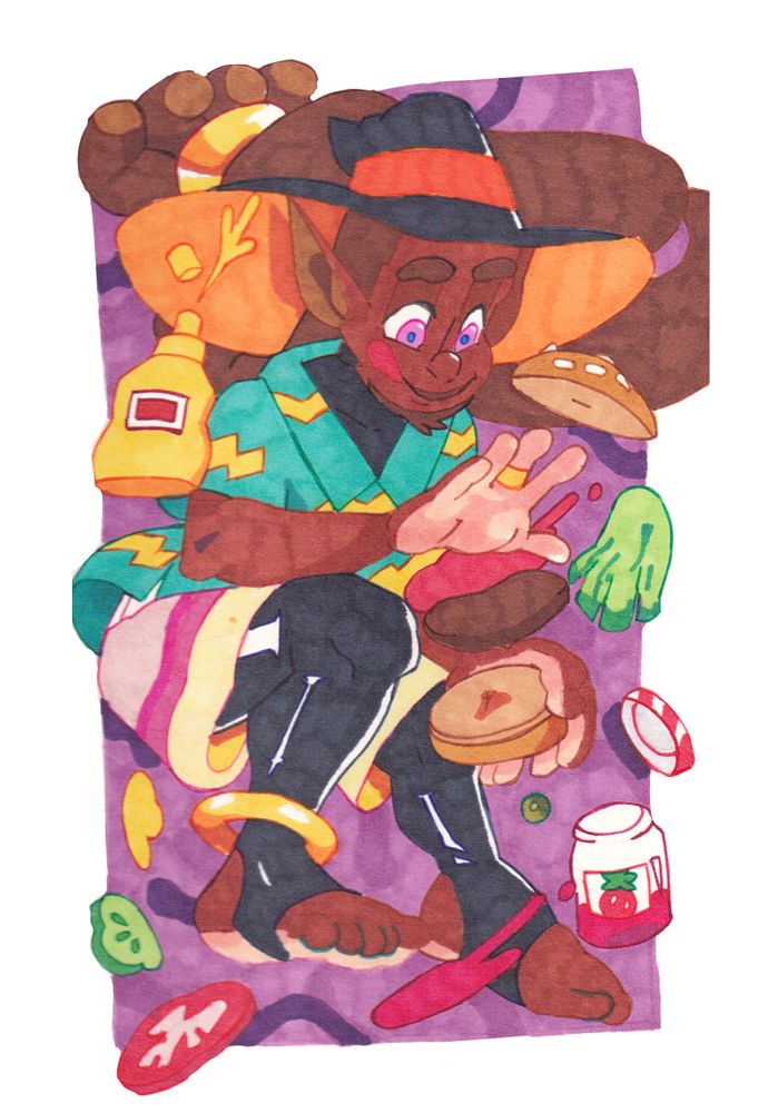 Marker illustration of Whisk the Sorcerer floating in the air while different hamburger ingredients and condiments swirling around them in a  circular pattern. He/They wear a teal shirt with a thunderbolt pattern, pink strips shorts and a black witch hat over a black bodysuit with stirrup cuts in the leggings. He/They have a gold bangle around their legs and a larger gold bangle around their dreadlocks. Whisk has an excited expression with their tongue curved up.