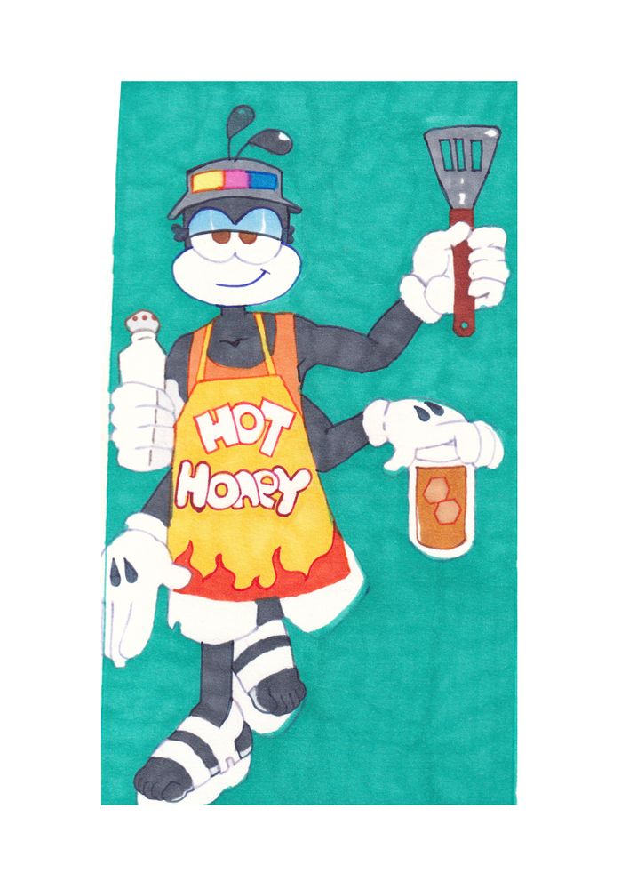 Marker illustration of Quill the Bee in grilling attire. She has a relaxed expression and holds a spatula, ice tea and a salt shaker in three of her hands. She wears-- a gray visor with a yellow, pink and blue tricolor bar, a orange tank top, white shorts and white sandals below a yellow apron with flames at the bottom and the text "Hot Honey".