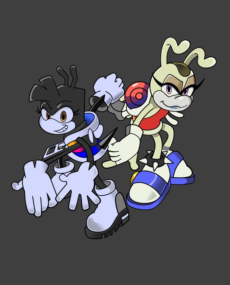 Colored illustration of my SFW and NSFW mascots, Quill the Bee and HB the Snail, in the style and posing of the Sonic Adventure 2 Game Cover. The posing has Quill and HB doing the poses while standing back to back with smug expressions.