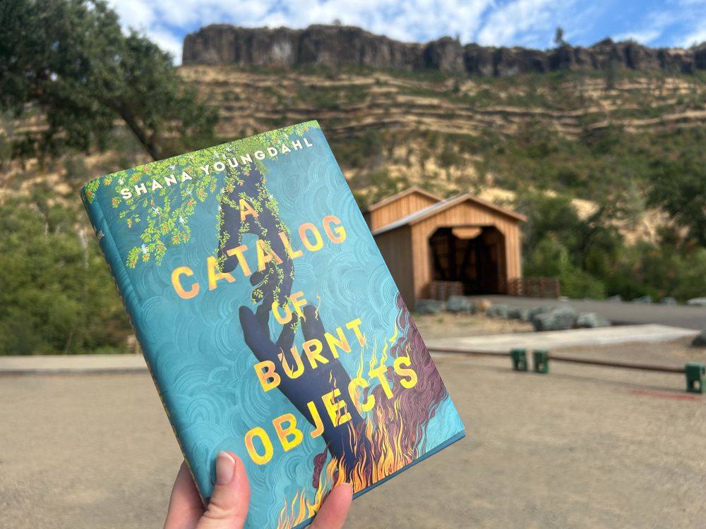 Picture of the novel A Catalog of Burnt Objects with a covered bridge and the ridge behind it.