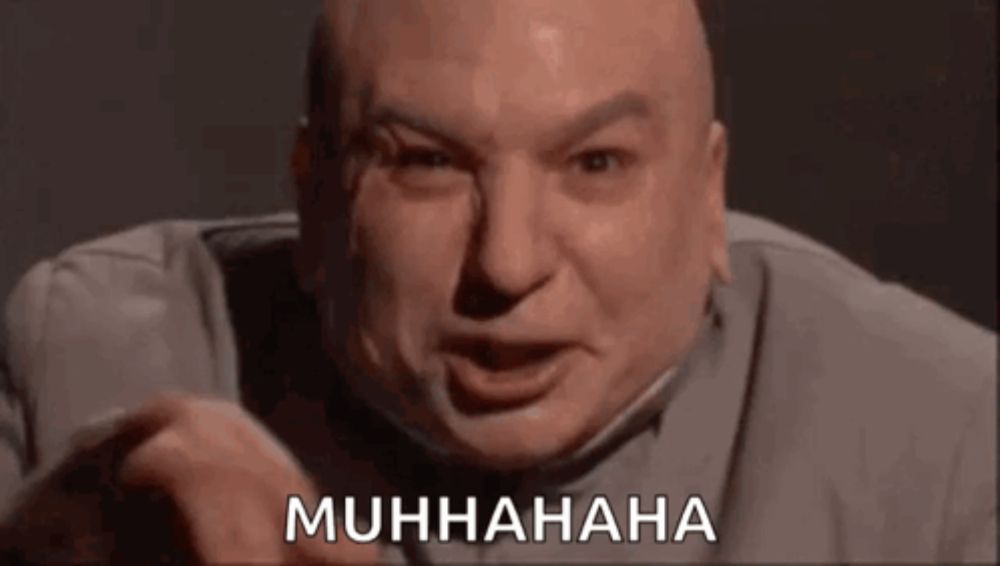 a bald man is making a funny face and pointing at the camera with the words `` muhhaha '' .