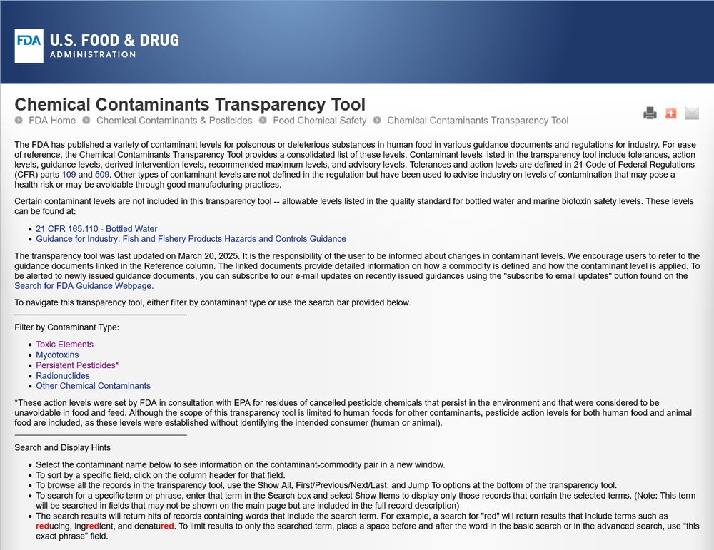 Screenshot of the homepage of the USDA's Chemical Contaminants Transparency Tool.