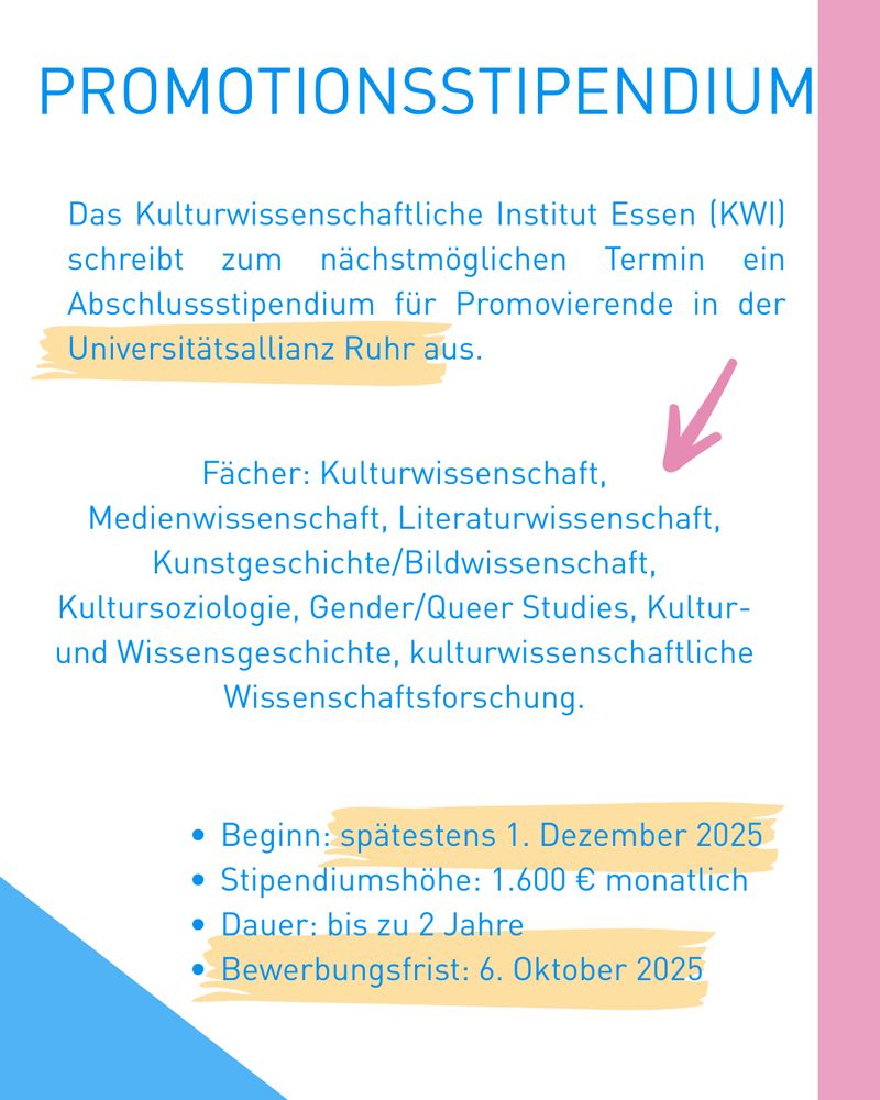 Poster mit wichtigsten Eckdaten (Fächer, Frist, Dauer, Gehalt) zum Promotionsabschlussstipendium am KWI