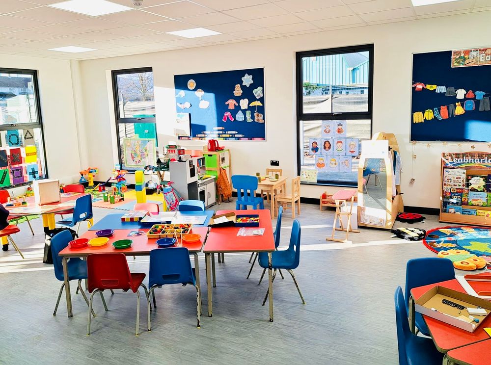 Pic of inside Scoil na Seolta. Small tables and chairs, a little library and various other stations for the kids to play and learn. 