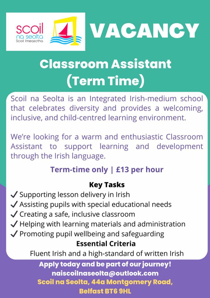 Classroom assistant, Scoil na Seolta job advert
