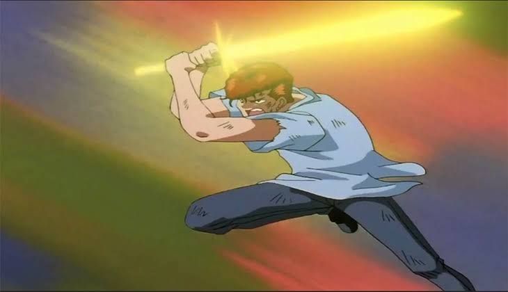 Kuwabara de yu yu Hakusho atacando com sua espada dimensional de energia sobrenatural.