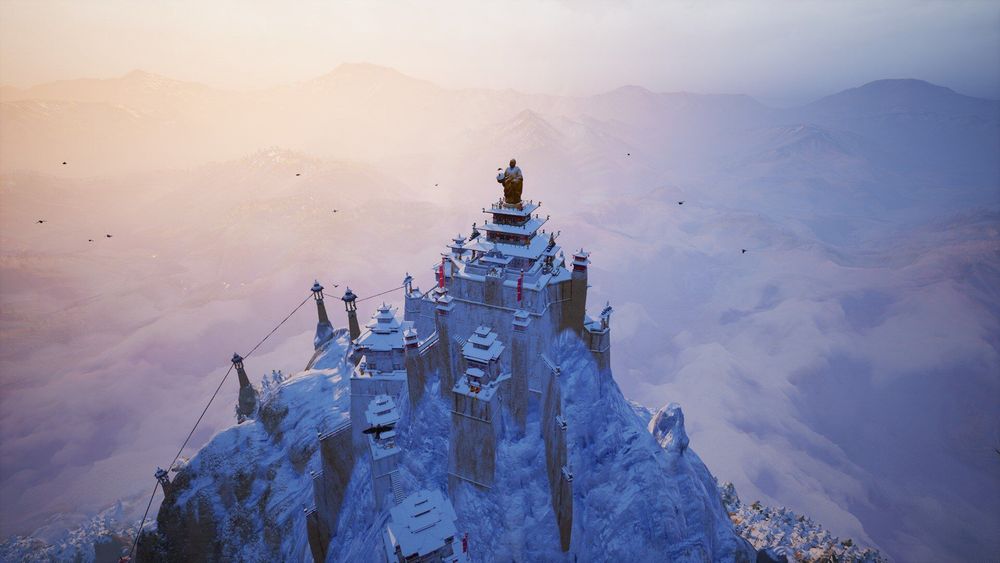 Screenshot of a Temple atop a snowy mountain summit in the video game Laysara.