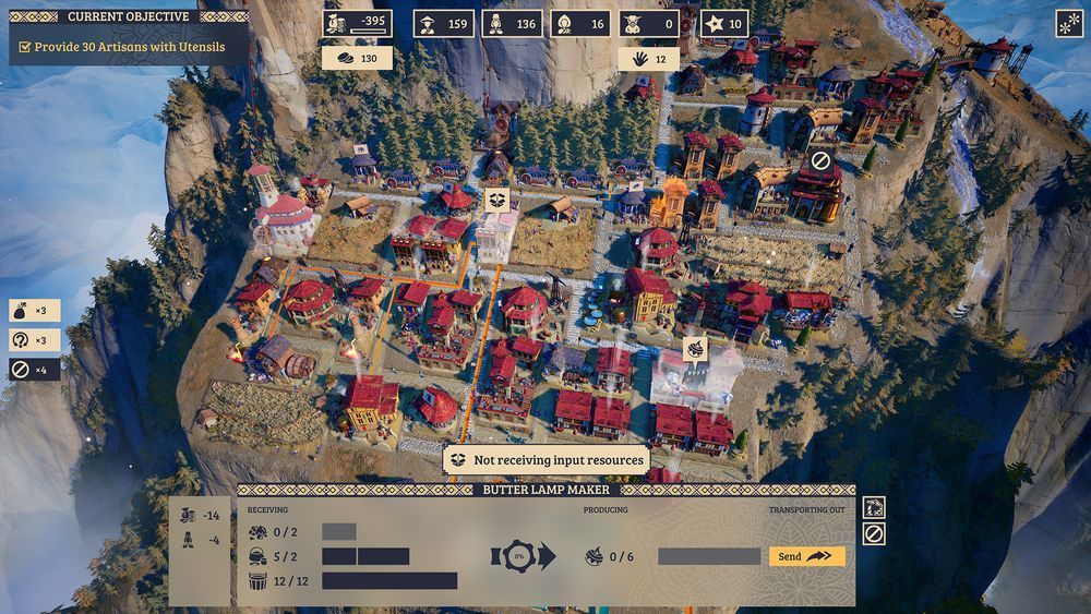 Gameplay screenshot showing a small settlement. There are lines connecting various buildings, showing off the transport routes and flow of resources between them.