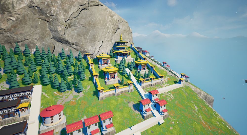Close up of a 3D mock up of a cliff settlement. There are a few buildings with different roof shapes and colours. 