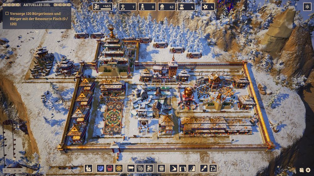Screenshot of a monk settlement in the video game Laysara. There are temples and various buildings that help with the citizen’s enlightenment. 