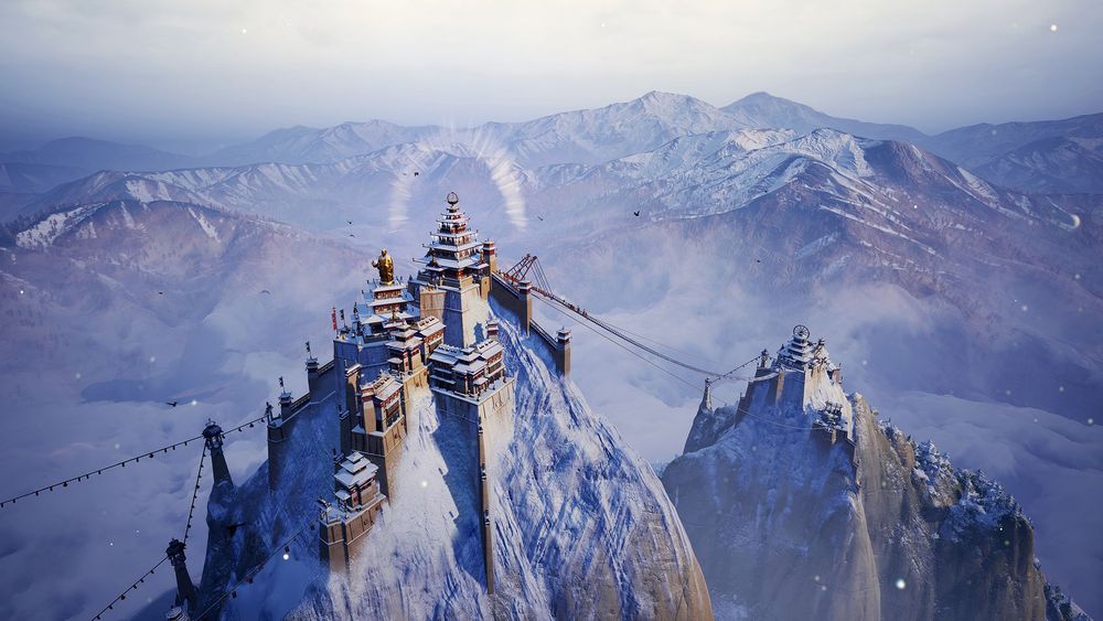 A snowy mountain peak with an elaborate temple built upon it towers above other mountains.