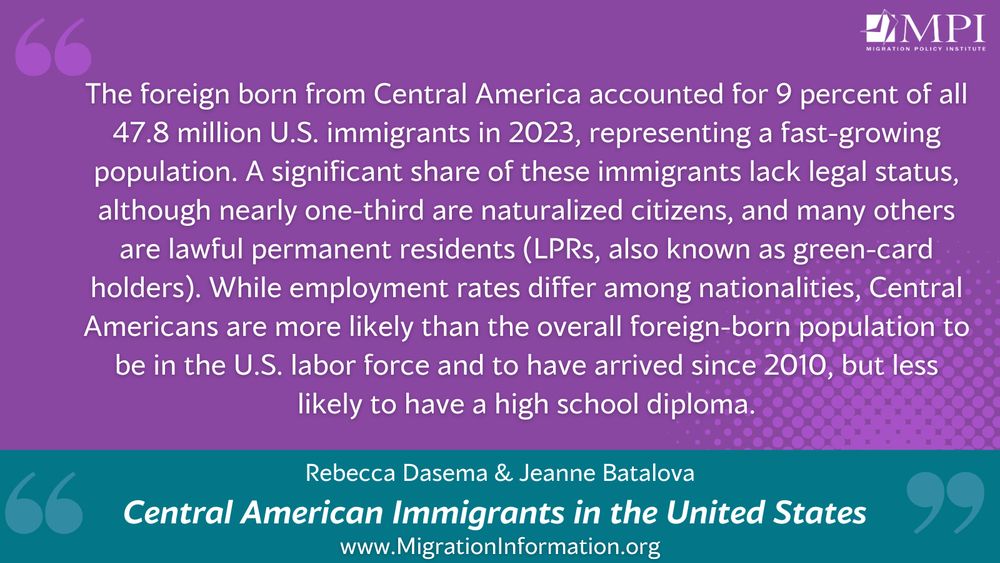 The foreign born from Central America accounted for 9 percent of all 47.8 million U.S. immigrants in 2023, representing a fast-growing population. A significant share of these immigrants lack legal status, although nearly one-third are naturalized citizens, and many others are lawful permanent residents (LPRs, also known as green-card holders). While employment rates differ among nationalities, Central Americans are more likely than the overall foreign-born population to be in the U.S. labor force and to have arrived since 2010, but less likely to have a high school diploma.