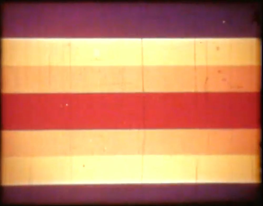The 1978 Buena Vista logo Disney used in 1978 that appeared after a 50th Birthday logo for Mickey Mouse. It's a series of horizontal bars, similar to a pride flag. This time WITHOUT the words "A Buena Vista Release" on them.

Top-down: Blue, yellow, orange, red, orange, yellow, blue. Inside the red bar is the sans serif text "Buena Vista", the above orange bar an "A", the below orange bar a "B". This is from a worn out film print, so the blue bars look like a purple/dark pink.