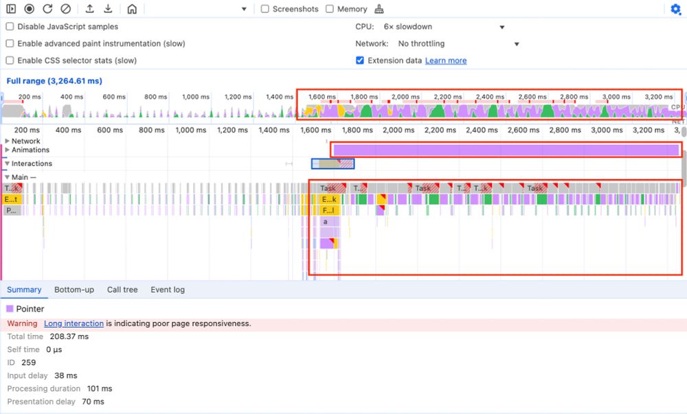 Captura de pantalla de Chrome DevTools con un enorme cálculo de CSS y repintado