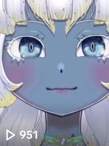 A screenshot of a tiktok with 951 views in front of a headshot of the vtuber Nymoira. A blueskinned vtuber with blue eyes and white hair