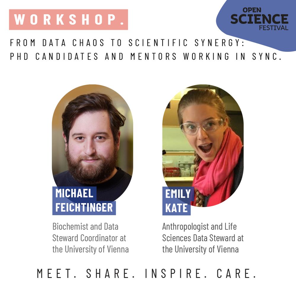 Above: Text Workshop. From Data Chaos to Scientific Synergy: PhD Candidates and Mentors Working in Synch. Mid: Two portraits. Caption Michael Feichtinger. Biochemist and Data Steward Coordinator at the University of Vienna. Emily Kate. Anthropologist and LIfe Sciences Data Steward at the University of Vienna