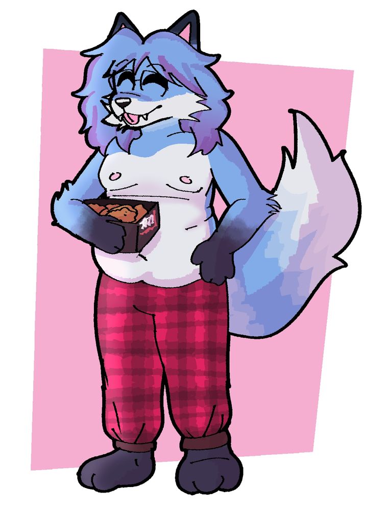 Art of my fursona in red plaid pants holding a box of buffalo wings