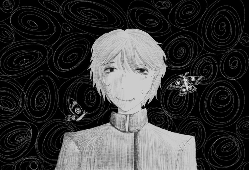 a drawing of the character "Victor Grantz" from the game Identity V in black and white, with a background with spirals and two moths