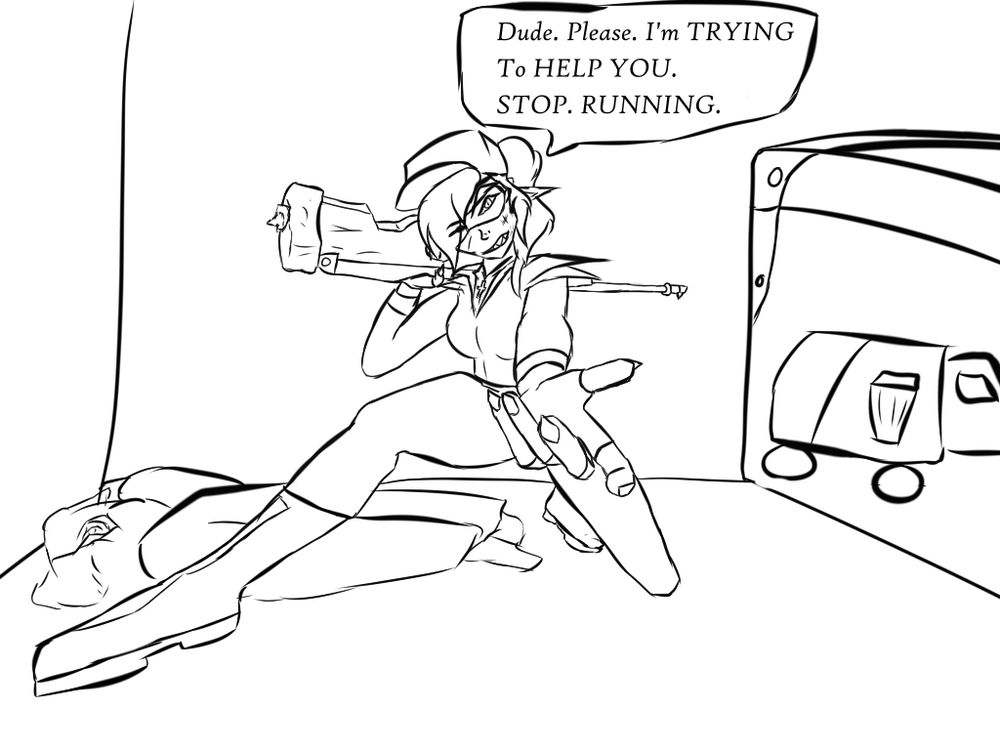 A Dark Elf Sniper is posed over a zombie torso, who's head is freshy bashed in, who is currently wielding a sniper rifle, which has it's buttstock covered in zombie blood and brains. The dark elf has her hand extended, sneering. "Dude. Please. I'm TRYING to HELP YOU. STOP. RUNNING." 

She is clearly exhausted.