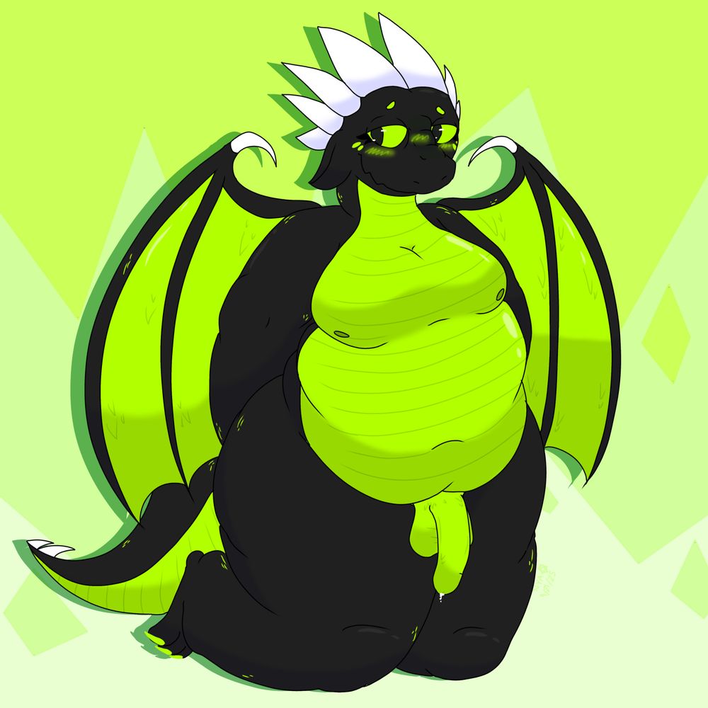 A drawing of a fat green and black anthropomorphic dragon posing seductively, she is nude and her penis is leaking pre even while flaccid