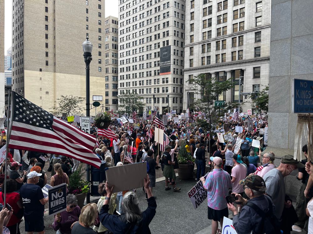 A large crowd with signs and American flags amid tall buildings
