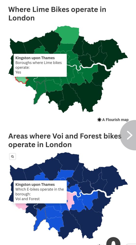 Maps of London boroughs showing (1) where Lime operates and (2) where Voi and Forest operate. 