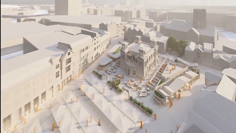 An aerial view of architect's design for the market place.