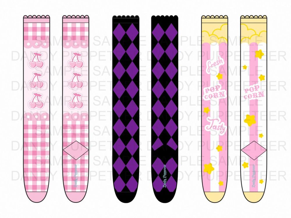 Three sock pair mockup illustrations. The left pair has pink gingham around the cuff and ankles with pink cherries lined down the center. The middle pair is black and purple repeating diamond pattern. The right pair is pink and white stripes with yellow on top to resemble a popcorn bucket.