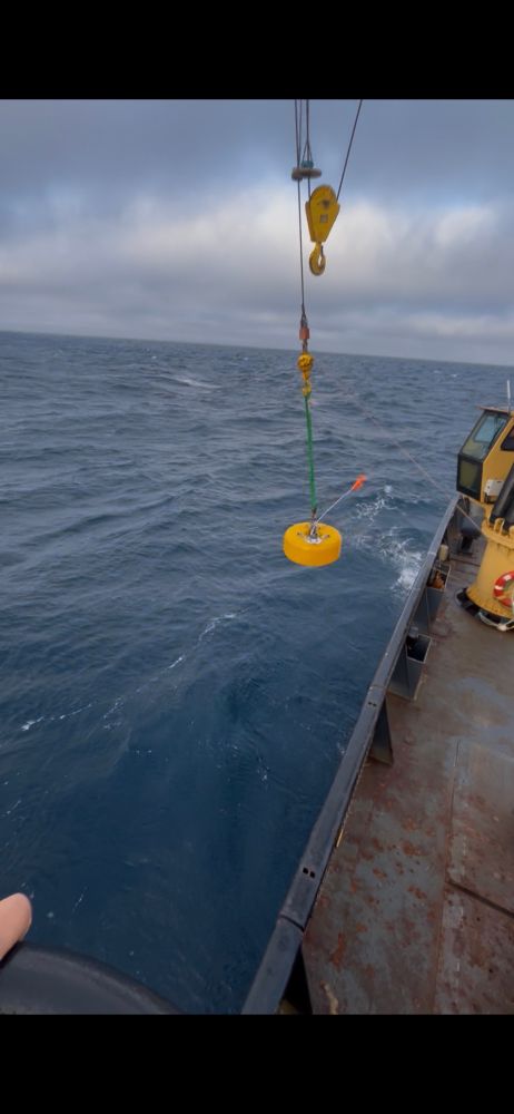 A seismometer (yellow donut-shaped instrument) is suspended from a ships crane, off the side of the boat. It is visibly windy. 