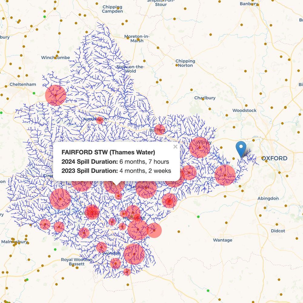 2024 sewage spills in the vicinity of Oxford, focusing on Fairford sewage treatment works with a total spill duration of six months.