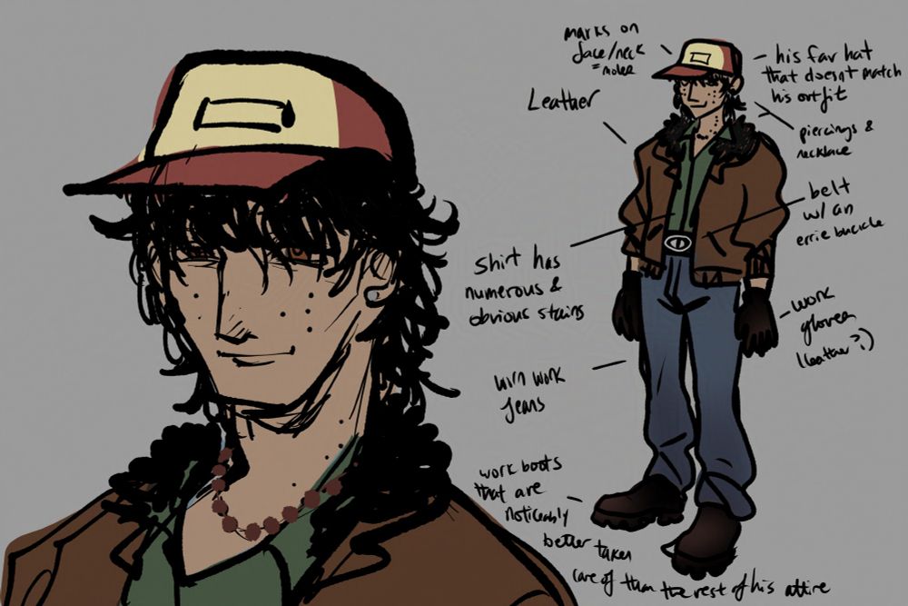 headshot and outfit reference of an oc with shaggy black hair, a red/cream hat, dark brown jacket with black fur, blue jeans, and worker boots