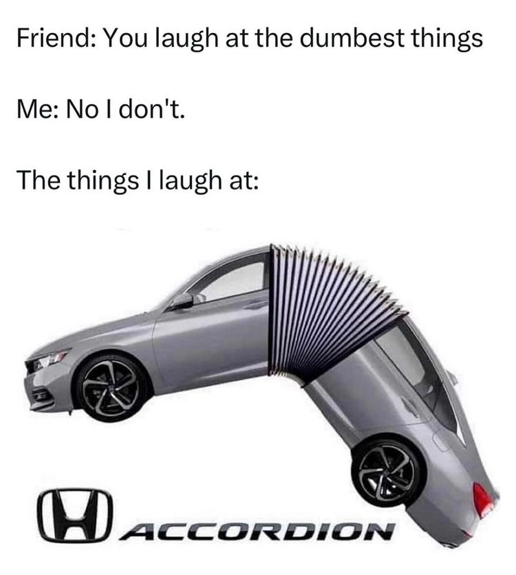A meme which reads friend: you laugh at the dumbest things. Me: no I don’t. Then jt says the things I laugh at and below it is a Honda accord with bellows between the front and back half like a bus and below it it says Accordion in the Honda badge don’t. 